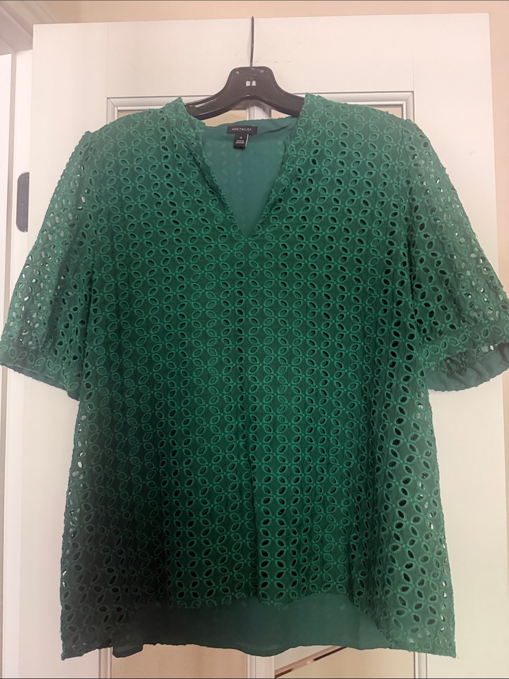 Ann Taylor Emerald Green Eyelet V-Neck Blouse M
